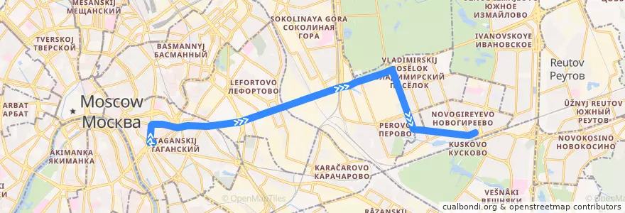 Mapa del recorrido Автобус Т53: Метро «Таганская» => Платформа Новогиреево de la línea  en Москва.