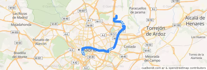 Mapa del recorrido Bus 203: Atocha → Aeropuerto de la línea  en Madrid.