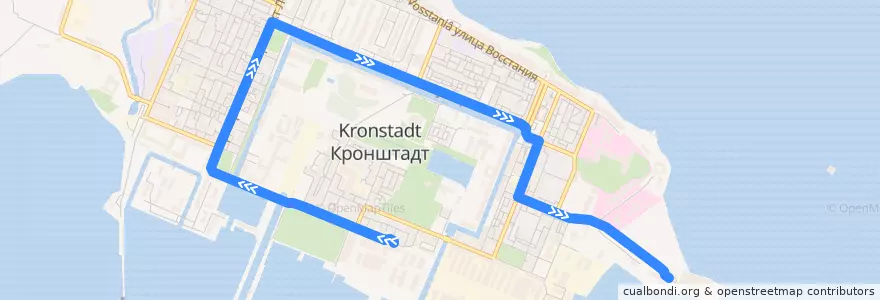 Mapa del recorrido Автобус № 1кр: Макаровские ворота => Ленинградская пристань de la línea  en Кронштадт.