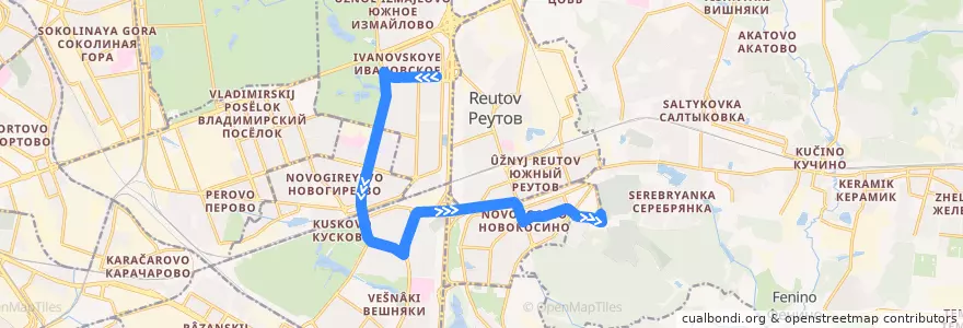 Mapa del recorrido Автобус Т75: Ивановское => Новокосино de la línea  en Eastern Administrative Okrug.