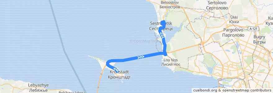 Mapa del recorrido Автобус № 215: Кронштадт, Гражданская улица => Сестрорец, Городская больница №40 de la línea  en Санкт-Петербург.
