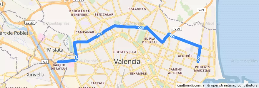 Mapa del recorrido Bus 98: Estació del Cabanyal => Av. del Cid de la línea  en Comarca de València.