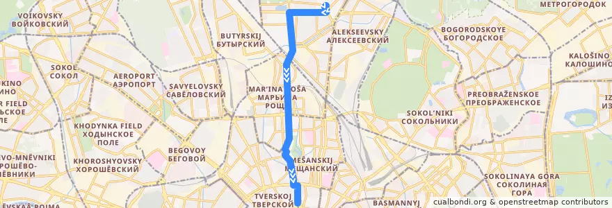 Mapa del recorrido Автобус т13: ВДНХ (южная) => Трубная площадь de la línea  en Москва.