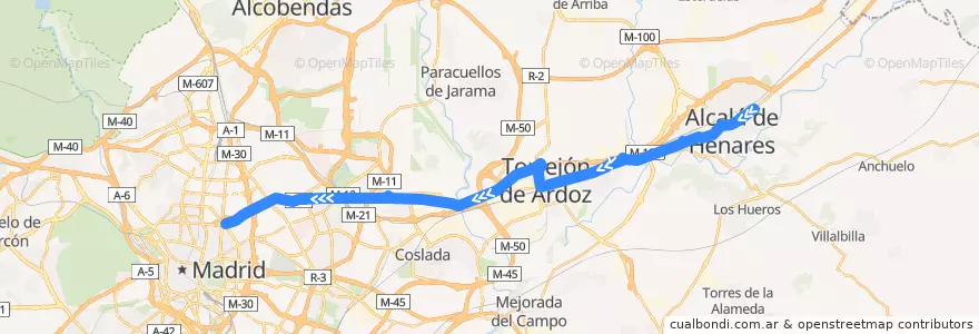 Mapa del recorrido Bus N202: Alcalá de Henares → Torrejón de Ardoz → Madrid (Avenida de América) de la línea  en Área metropolitana de Madrid y Corredor del Henares.