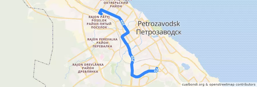 Mapa del recorrido Троллейбус 5: ул. Лыжная – ст. Товарная de la línea  en Петрозаводский городской округ.