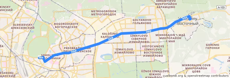 Mapa del recorrido Автобус 716: Дворец спорта «Сокольники» => Посёлок Восточный de la línea  en Восточный административный округ.