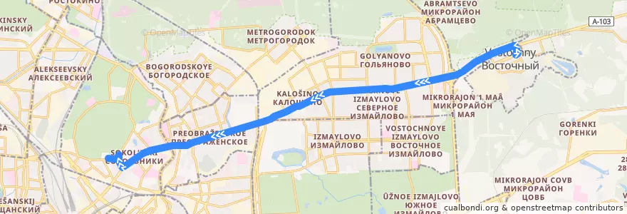 Mapa del recorrido Автобус 716: Посёлок Восточный => Дворец спорта «Сокольники» de la línea  en Восточный административный округ.