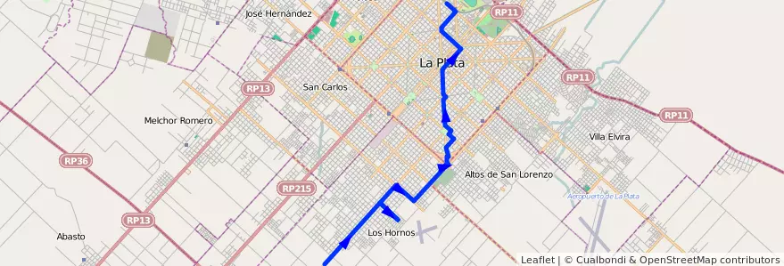 Mapa del recorrido 18 de la línea 506 en Partido de La Plata.