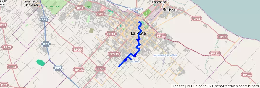 Mapa del recorrido 18 de la línea Sur en Partido de La Plata.