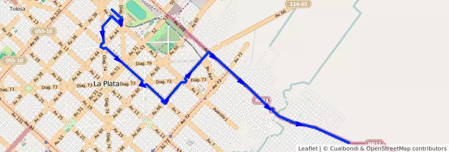 Mapa del recorrido 18 de la línea Este en Partido de La Plata.