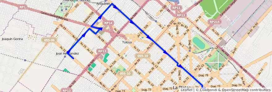 Mapa del recorrido 18 de la línea Norte en Partido de La Plata.