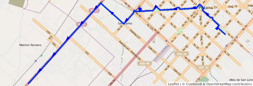 Mapa del recorrido 18 de la línea Oeste en Partido de La Plata.