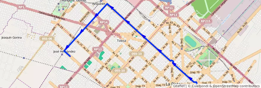 Mapa del recorrido 18 de la línea Norte en Partido de La Plata.