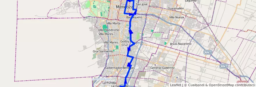 Mapa del recorrido 18 - Expreso Roca de la línea G01 en Мендоса.