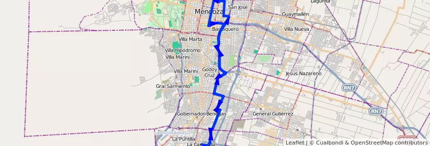 Mapa del recorrido 18 - Expreso Roca x Casa de Gob. de la línea G01 en Mendoza.
