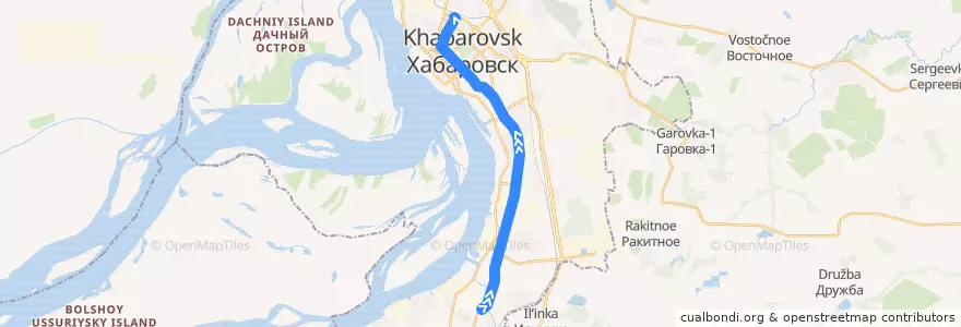 Mapa del recorrido Трамвай 1: ХФЗ - ЖД Вокзал de la línea  en Khabarovsk.