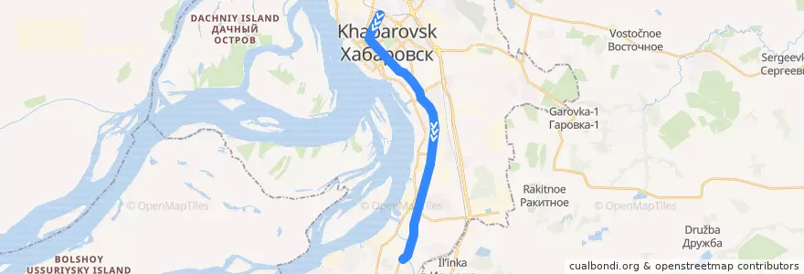 Mapa del recorrido Трамвай 1: ЖД Вокзал - ХФЗ de la línea  en 伯力市.
