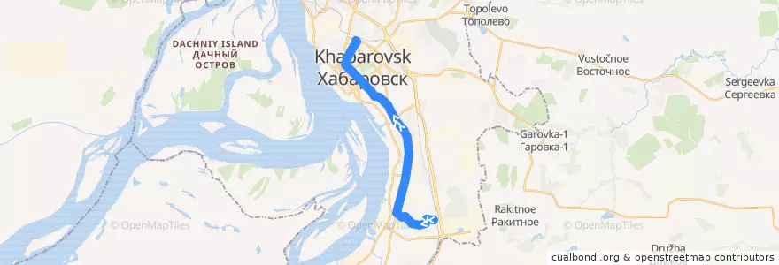 Mapa del recorrido Трамвай 2: Рубероидный завод - ЖД Вокзал de la línea  en Khabarovsk.