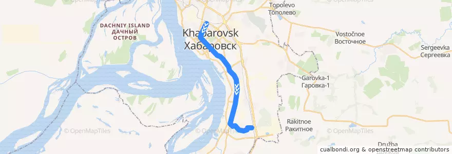 Mapa del recorrido Трамвай 2: ЖД Вокзал - Рубероидный завод de la línea  en Khabarovsk.