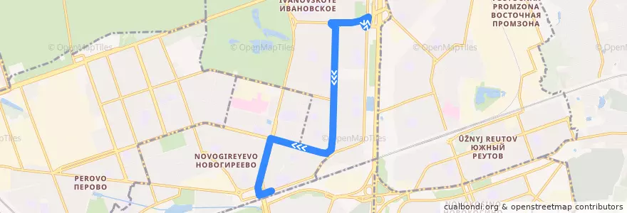 Mapa del recorrido Автобус №621: Ивановское - Платформа Новогиреево de la línea  en Östlicher Verwaltungsbezirk.