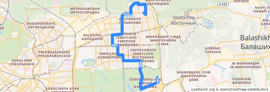 Mapa del recorrido Автобус 257: Южное Измайлово => Уссурийская улица de la línea  en Eastern Administrative Okrug.