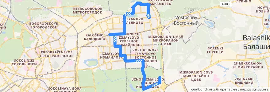 Mapa del recorrido Автобус 257: Уссурийская улица => Южное Измайлово de la línea  en Östlicher Verwaltungsbezirk.