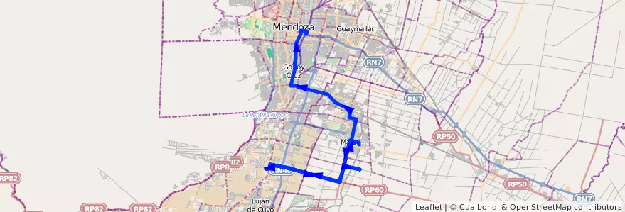 Mapa del recorrido 181 - Maipú - Pedro Molina - Ciencias Agrarias - Mendoza - Superiora de ida y vuelta de la línea G10 en Mendoza.