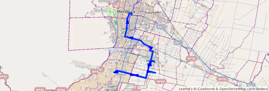 Mapa del recorrido 181 - Maipú - Pedro Molina - Ciencias Agrarias - Mendoza - Superiora de Vuelta de la línea G10 en Mendoza.