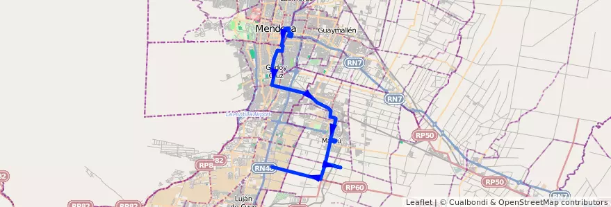 Mapa del recorrido 181 - Mendoza - Pedro Molina - Ciencias Agrarias - Mendoza - Superiora de ida hasta calle Vieytes  de la línea G10 en Mendoza.