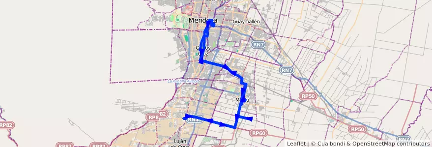 Mapa del recorrido 181 - Mendoza - Pedro Molina - Ciencias Agrarias - Superiora de ida y de vuelta de la línea G10 en Мендоса.