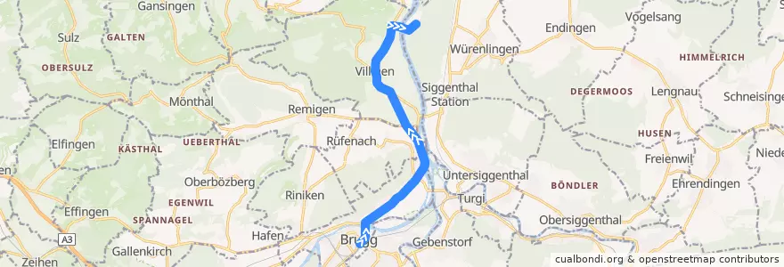 Mapa del recorrido Bus 376: Brugg AG => Villigen, PSI Ost de la línea  en Bezirk Brugg.