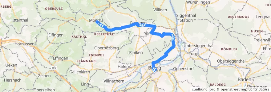 Mapa del recorrido Bus 374: Brugg AG => Eisi => Mönthal de la línea  en Bezirk Brugg.