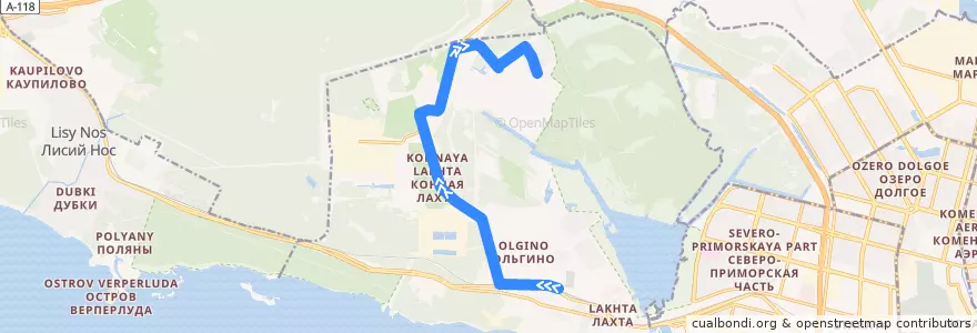 Mapa del recorrido Автобус № 112: ЖК Юнтолово => железнодорожная станция "Лахта" de la línea  en округ Лахта-Ольгино.