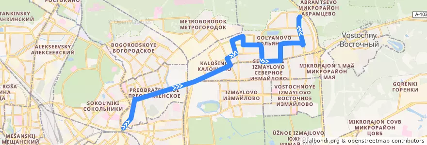 Mapa del recorrido Автобус 171: Электрозаводский мост => Камчатская улица de la línea  en Восточный административный округ.