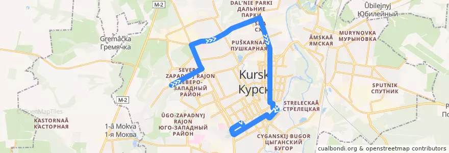 Mapa del recorrido Маршрут троллейбуса №2: "Северо-западный район - улица Бочарова" de la línea  en Kursk.