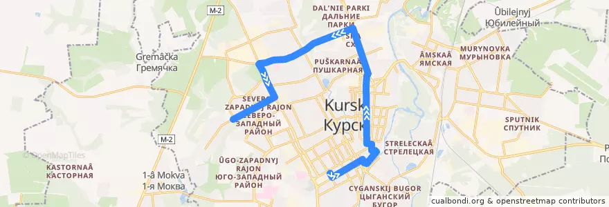 Mapa del recorrido Маршрут троллейбуса №2: "Улица Бочарова - Северо-западный район" de la línea  en Kursk.