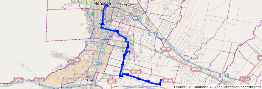 Mapa del recorrido 182 - Maipú - Chachingo por Russell - Mendoza de la línea G10 en Mendoza.