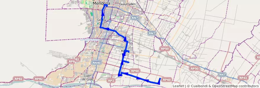 Mapa del recorrido 182 - Maipú - Chachingo por Russell - Mendoza - Superiora de vuelta de la línea G10 en Мендоса.