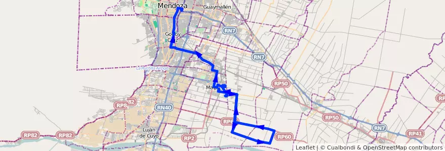 Mapa del recorrido 182 - Maipú - Chachingo por Urquiza - Paraiso Ruta Nº 60 - Malcayae - Rodriguez Peña - Mendoza de la línea G10 en メンドーサ州.
