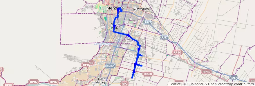 Mapa del recorrido 182 - Maipú - Cruz de Piedra - Superiora de Vuelta - Mendoza de la línea G10 en メンドーサ州.