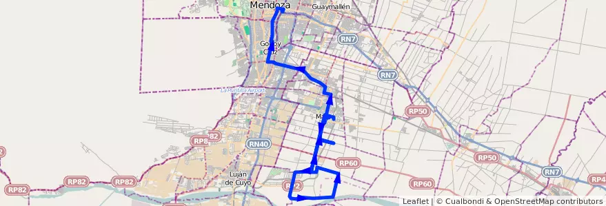 Mapa del recorrido 182 - Maipú - Lunlunta por El Alto - Regresa por El Bajo - Superiora de Vuelta - Mendoza de la línea G10 en メンドーサ州.