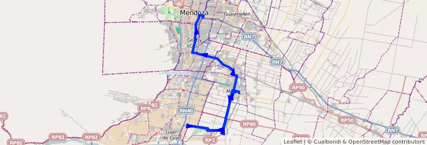 Mapa del recorrido 182 - Maipú - Recoaro - Mendoza de la línea G10 en Mendoza.