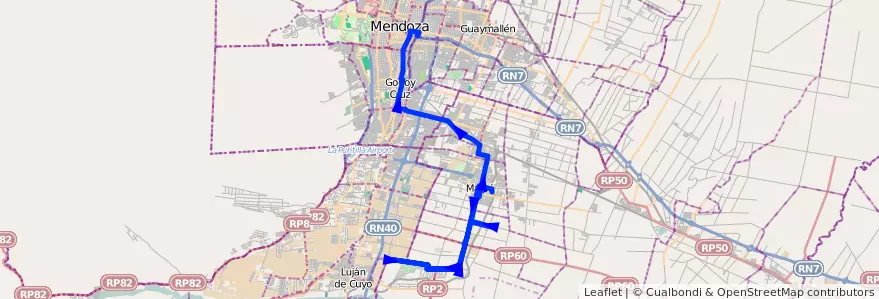 Mapa del recorrido 182 - Maipú - Recoaro - Superiora de vuelta - Mendoza de la línea G10 en メンドーサ州.
