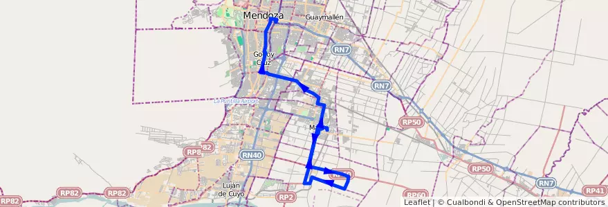 Mapa del recorrido 182 - Maipú - Tres Esquinas - Pedro Molina - Mendoza de la línea G10 en メンドーサ州.