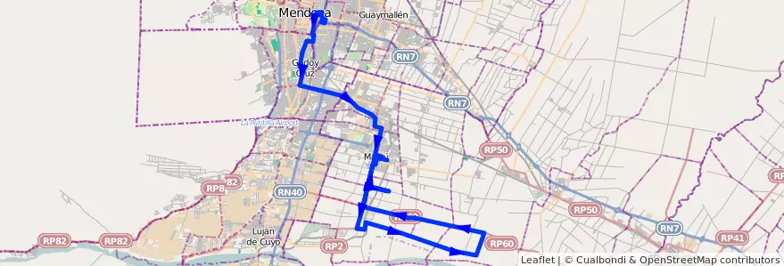 Mapa del recorrido 182 - Mendoza - Chachingo por Russell - Superiora de ida - Maipú de la línea G10 en Mendoza.