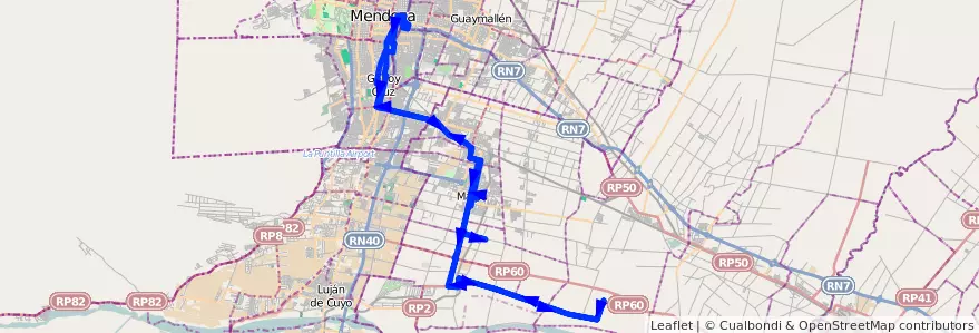 Mapa del recorrido 182 - Mendoza - Chachingo por Russell - Superiora de ida y vuelta de la línea G10 en Мендоса.