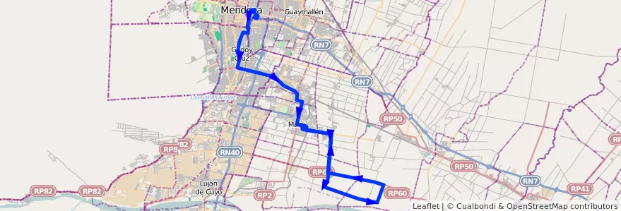 Mapa del recorrido 182 - Mendoza - Chachingo por Urquiza - Paraiso Ruta Nº 60 - Maipú de la línea G10 en Mendoza.