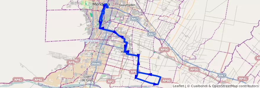 Mapa del recorrido 182 - Mendoza - Chachingo por Urquiza - Paraiso Ruta Nº 60 - Mendoza de la línea G10 en メンドーサ州.