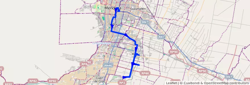 Mapa del recorrido 182 - Mendoza - Cruz de Piedra - Superiora de ida - Maipú - hasta Ozamiz y Videla Aranda  de la línea G10 en Mendoza.