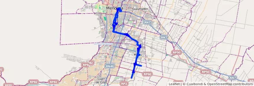 Mapa del recorrido 182 - Mendoza - Cruz de Piedra - Superiora de ida y vuelta de la línea G10 en メンドーサ州.